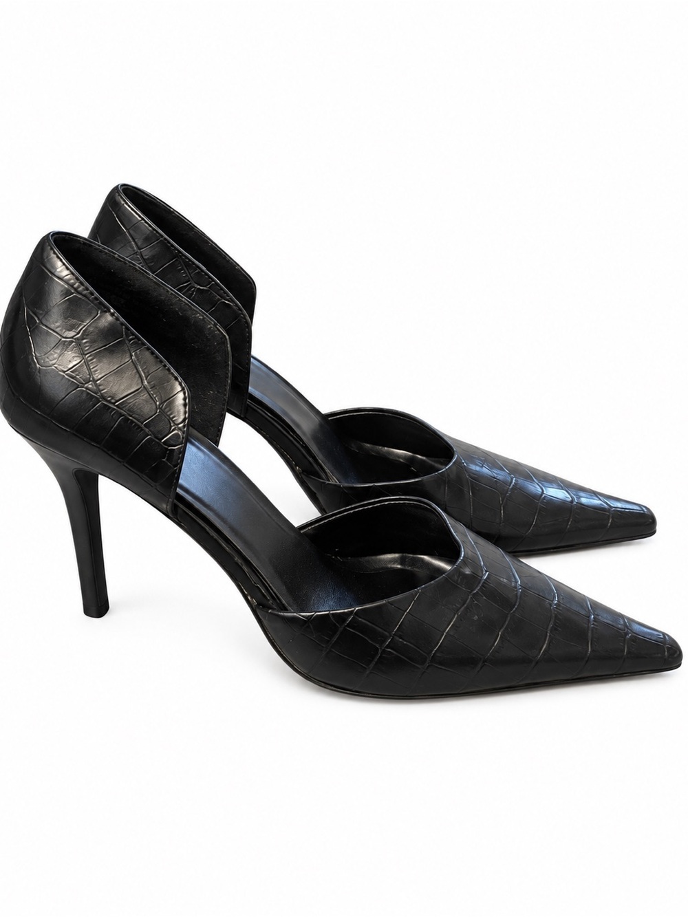 Pointed Croc-Embossed Heels in Black